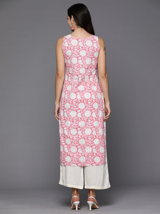 Indo Era Pink Printed Straight Kurtas