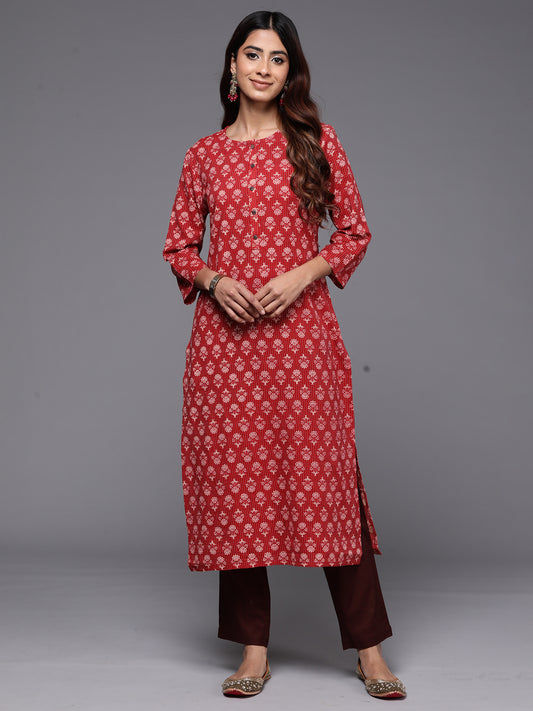 Indo Era Red Printed Straight Kurtas