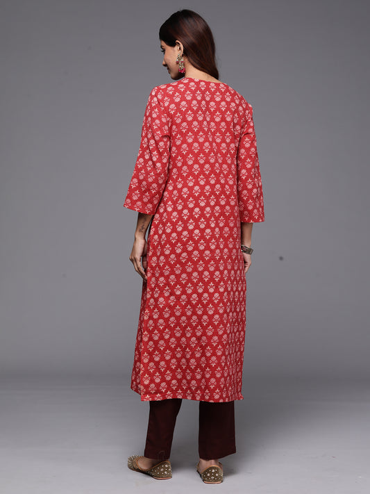 Indo Era Red Printed Straight Kurtas