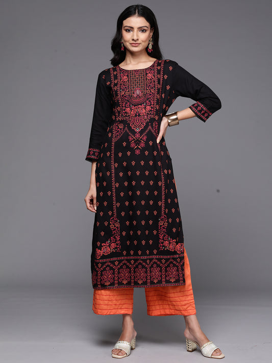 Indo Era Black Printed Straight Kurtas