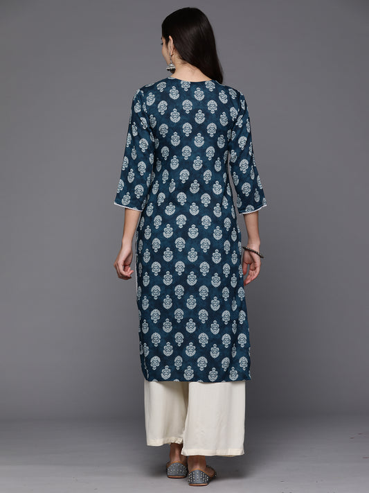 Indo Era Blue Printed Straight Kurtas