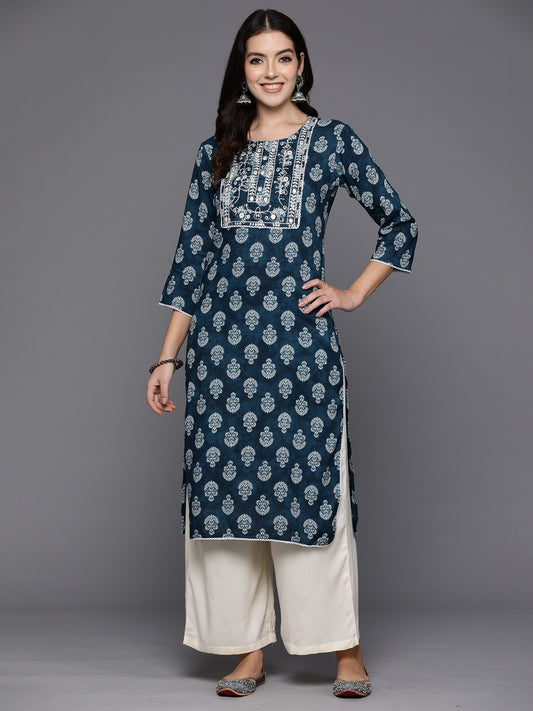 Indo Era Blue Printed Straight Kurtas