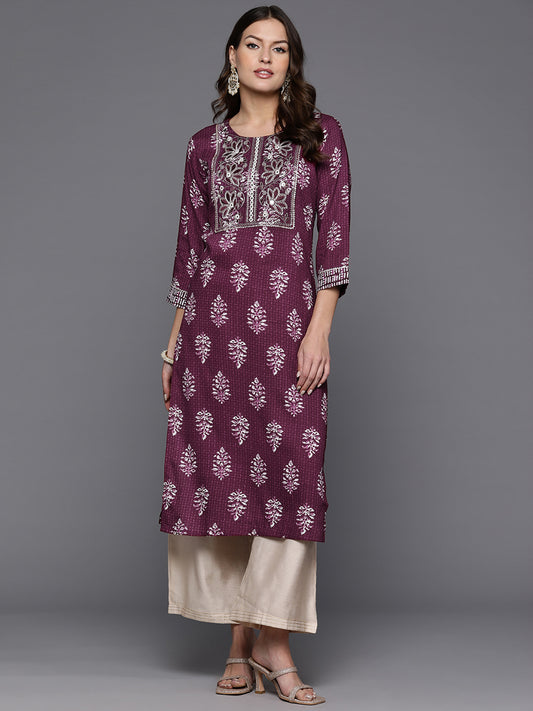 Indo Era Burgundy Printed Straight Kurtas