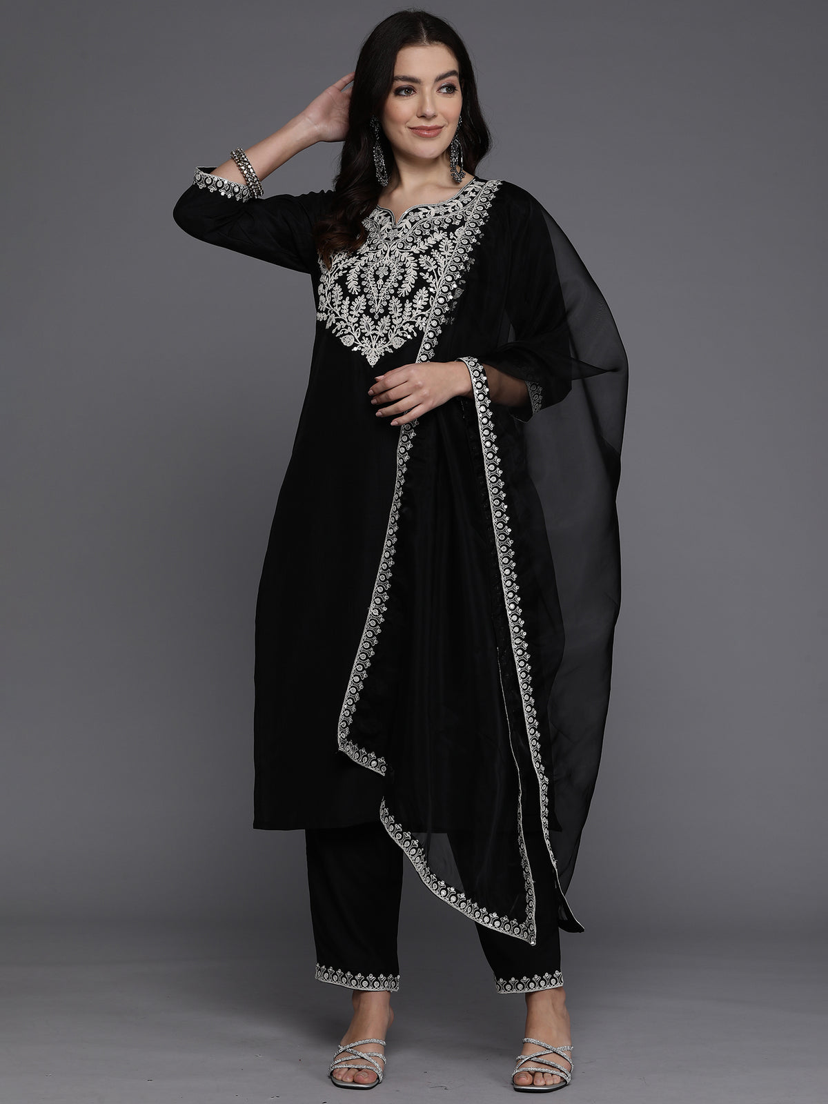 Indo Era Black Embroidered Straight Kurta Trousers With Dupatta set