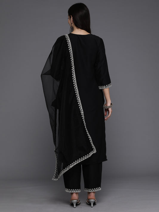 Indo Era Black Embroidered Straight Kurta Trousers With Dupatta set