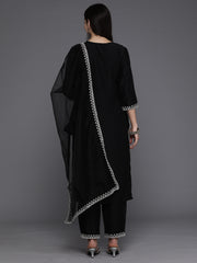 Indo Era Black Embroidered Straight Kurta Trousers With Dupatta set