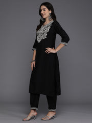 Indo Era Black Embroidered Straight Kurta Trousers With Dupatta set