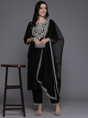 Indo Era Black Embroidered Straight Kurta Trousers With Dupatta set