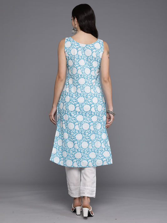 Indo Era Blue Printed Straight Kurtas