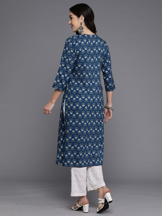 Indo Era Navy Blue Printed Straight Kurtas