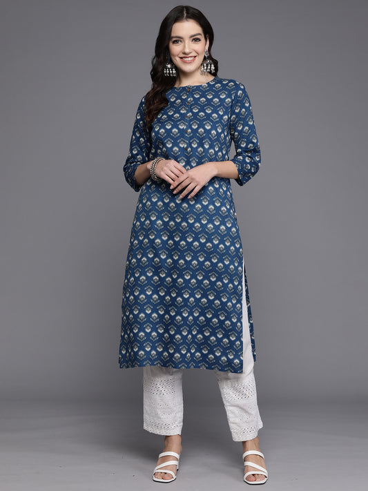 Indo Era Navy Blue Printed Straight Kurtas