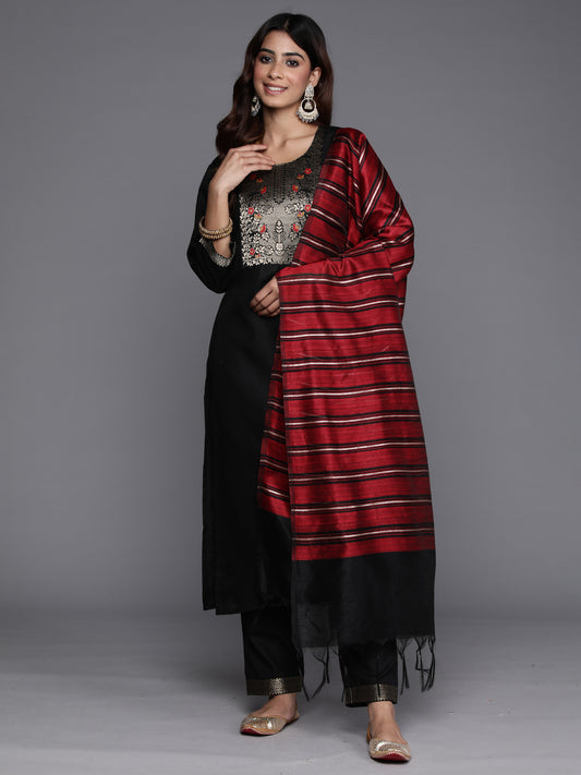 Indo Era Black Yoke Design Straight Kurta Trousers With Dupatta Set