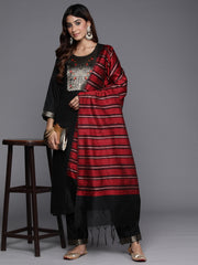 Indo Era Black Yoke Design Straight Kurta Trousers With Dupatta Set