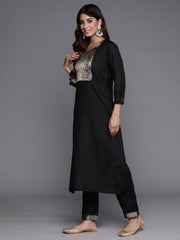 Indo Era Black Yoke Design Straight Kurta Trousers With Dupatta Set