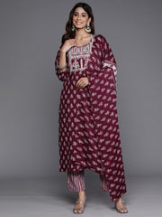 Indo Era Burgundy Printed Straight Kurta Trousers With Dupatta Set