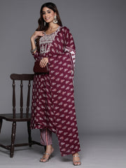 Indo Era Burgundy Printed Straight Kurta Trousers With Dupatta Set