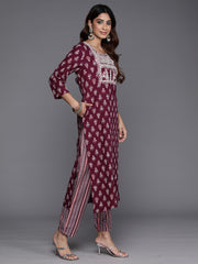 Indo Era Burgundy Printed Straight Kurta Trousers With Dupatta Set