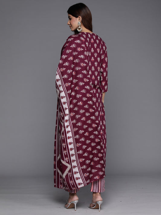 Indo Era Burgundy Printed Straight Kurta Trousers With Dupatta Set