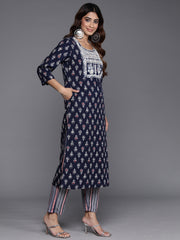 Indo Era Navy Blue Printed Straight Kurta Trousers With Dupatta Set