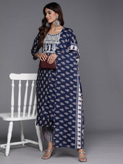 Indo Era Navy Blue Printed Straight Kurta Trousers With Dupatta Set