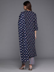 Indo Era Navy Blue Printed Straight Kurta Trousers With Dupatta Set