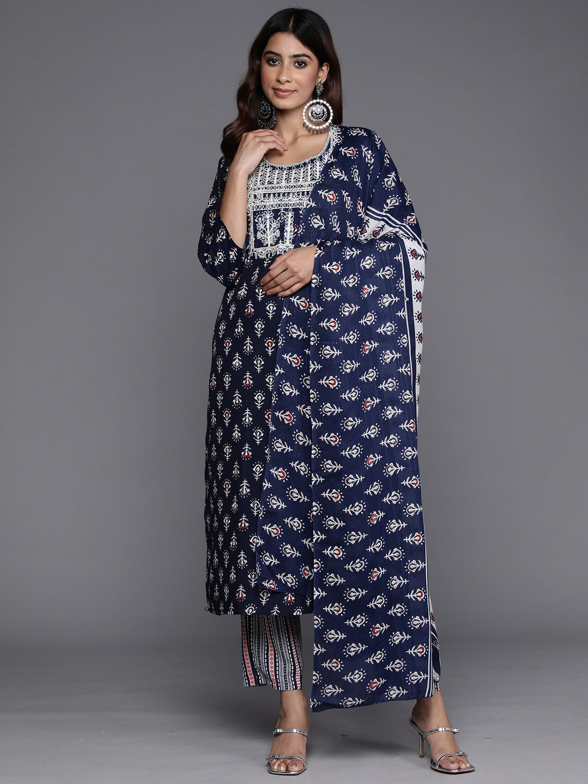 Indo Era Navy Blue Printed Straight Kurta Trousers With Dupatta Set