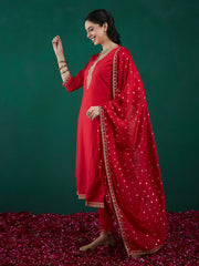 Indo Era Red Embroidered Straight Kurta Trousers With Dupatta set