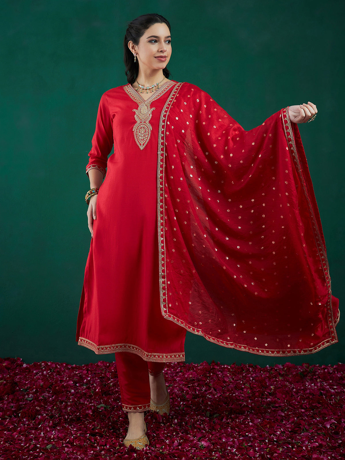 Indo Era Red Embroidered Straight Kurta Trousers With Dupatta set