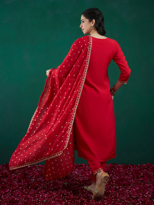 Indo Era Red Embroidered Straight Kurta Trousers With Dupatta set