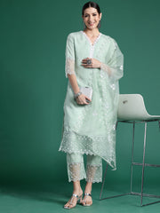 Indo Era Sea Green Embroidered Straight Kurta Trousers With Dupatta set