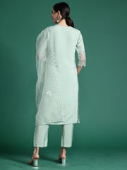 Indo Era Sea Green Embroidered Straight Kurta Trousers With Dupatta set