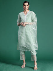 Indo Era Sea Green Embroidered Straight Kurta Trousers With Dupatta set