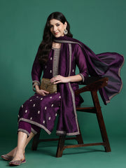 Indo Era Purple Embroidered Straight Kurta Trousers With Dupatta set