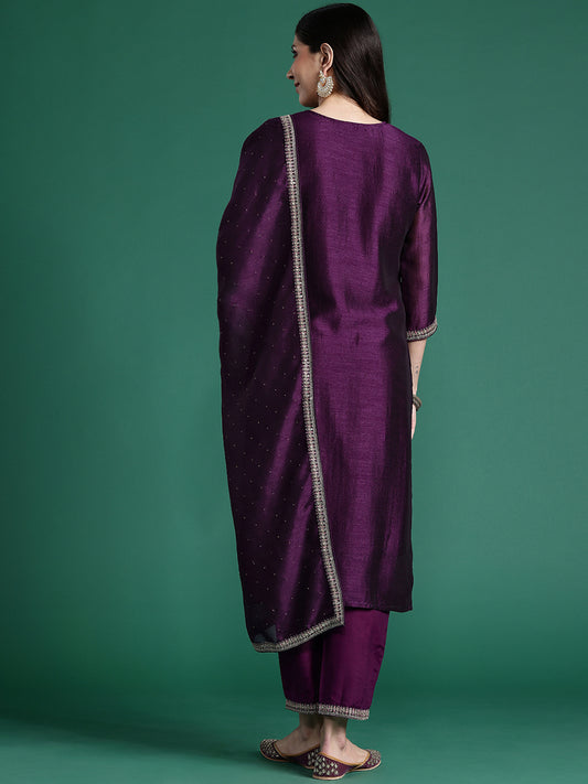 Indo Era Purple Embroidered Straight Kurta Trousers With Dupatta set