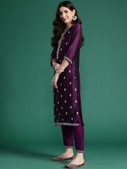 Indo Era Purple Embroidered Straight Kurta Trousers With Dupatta set