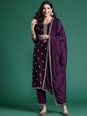 Indo Era Purple Embroidered Straight Kurta Trousers With Dupatta set