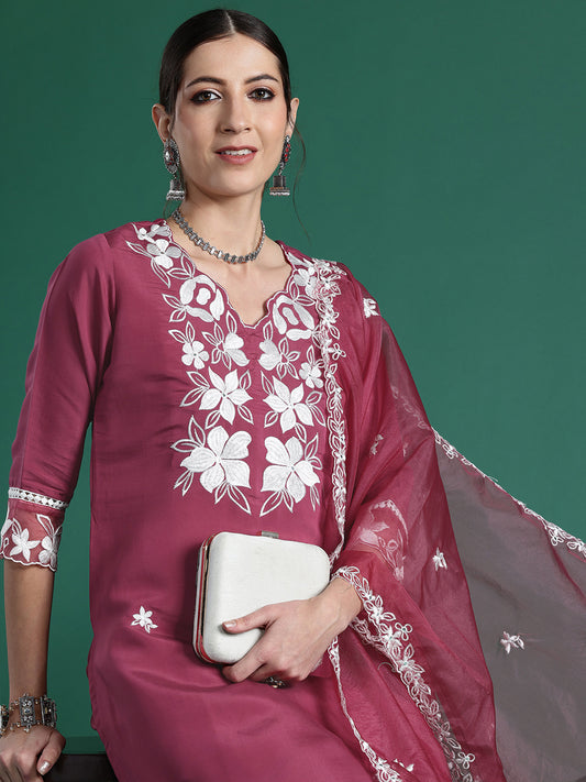 Indo Era Pink Embroidered Straight Kurta Trousers With Dupatta set