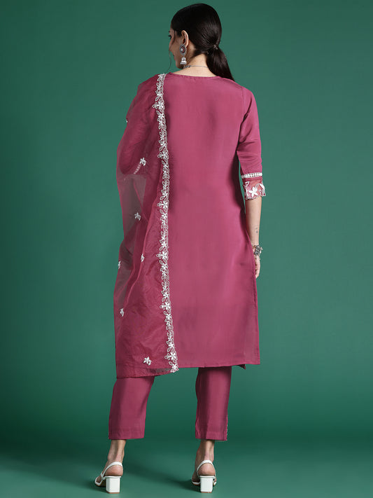 Indo Era Pink Embroidered Straight Kurta Trousers With Dupatta set