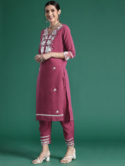 Indo Era Pink Embroidered Straight Kurta Trousers With Dupatta set