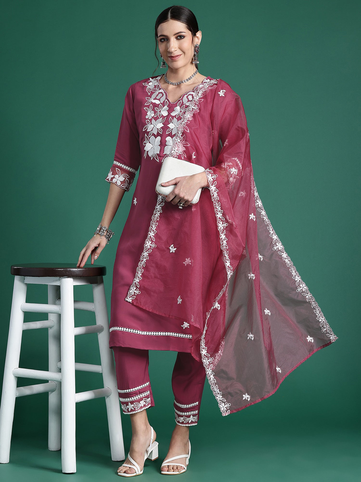 Pink Embroidered Straight Kurta Trousers With Dupatta Set