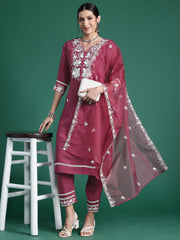 Indo Era Pink Embroidered Straight Kurta Trousers With Dupatta set