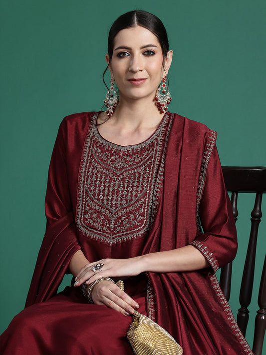 Indo Era Maroon Embroidered Straight Kurta Trousers With Dupatta set