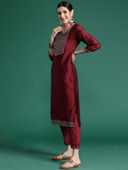 Indo Era Maroon Embroidered Straight Kurta Trousers With Dupatta set