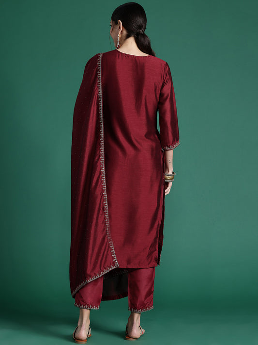 Indo Era Maroon Embroidered Straight Kurta Trousers With Dupatta set