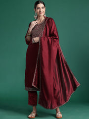 Indo Era Maroon Embroidered Straight Kurta Trousers With Dupatta set