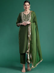 Indo Era Green Embroidered Straight Kurta Trousers With Dupatta set