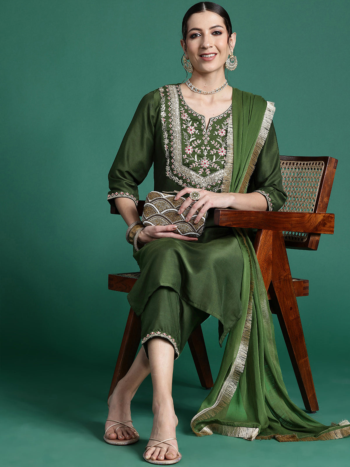 Indo Era Green Embroidered Straight Kurta Trousers With Dupatta set