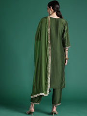 Indo Era Green Embroidered Straight Kurta Trousers With Dupatta set