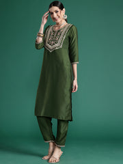 Indo Era Green Embroidered Straight Kurta Trousers With Dupatta set