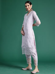 Indo Era Lavender Embroidered Straight Kurta Trousers With Dupatta set